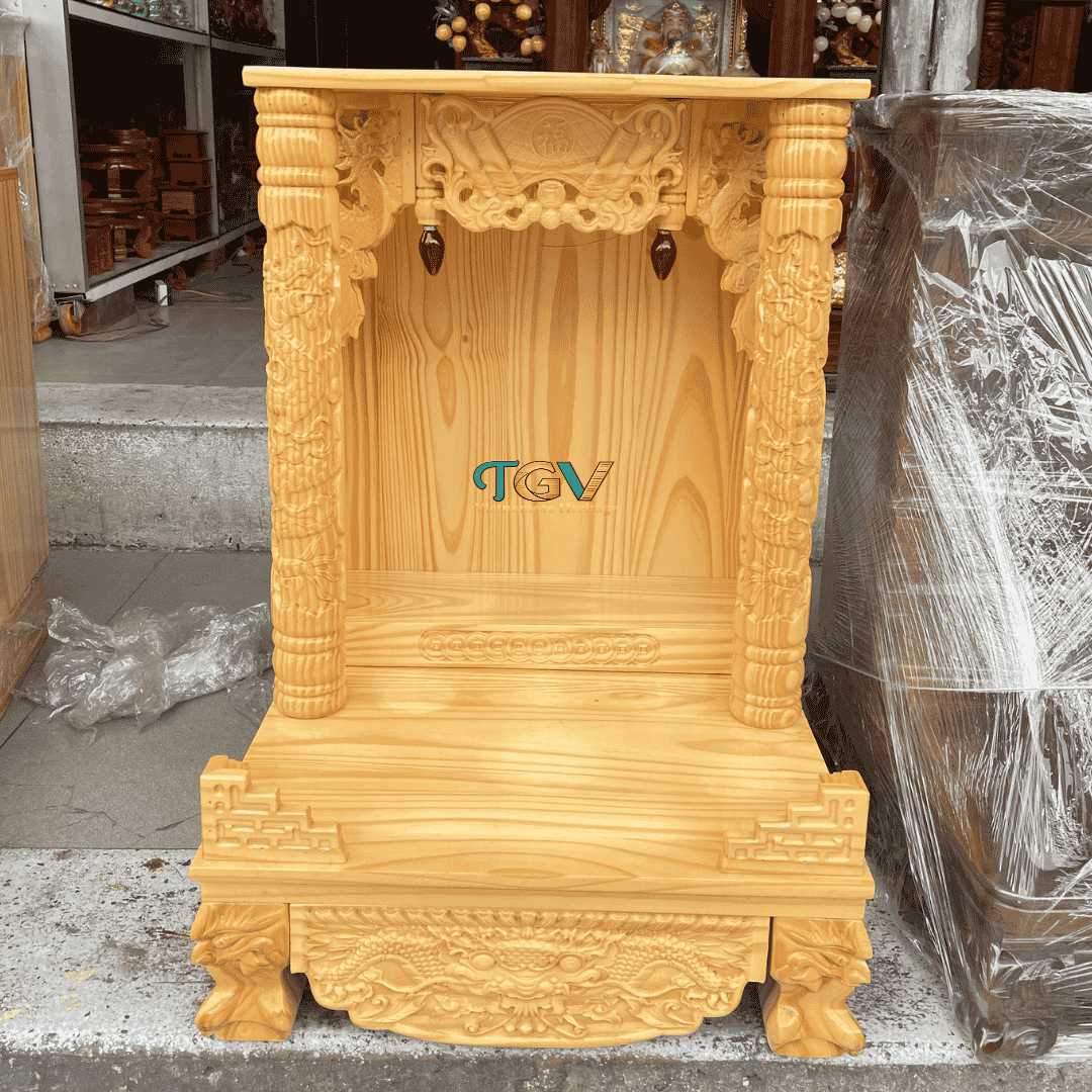 BÀN THỜ THẦN TÀI GỖ THÔNG CỘT RỒNG – NGANG 48CM