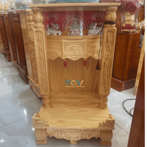 BÀN THỜ THẦN TÀI GỖ THÔNG CỘT VUÔNG HỘP ĐÈN – NGANG 48CM