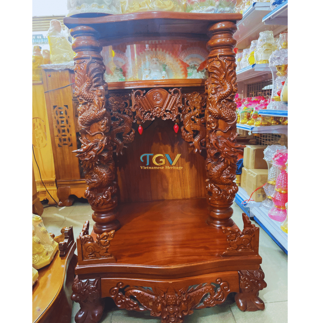 Bàn Thờ Thần Tài Ngang 60cm Cột Rồng Hộp Đèn Gỗ Xà Cừ - Trần Gia Việt